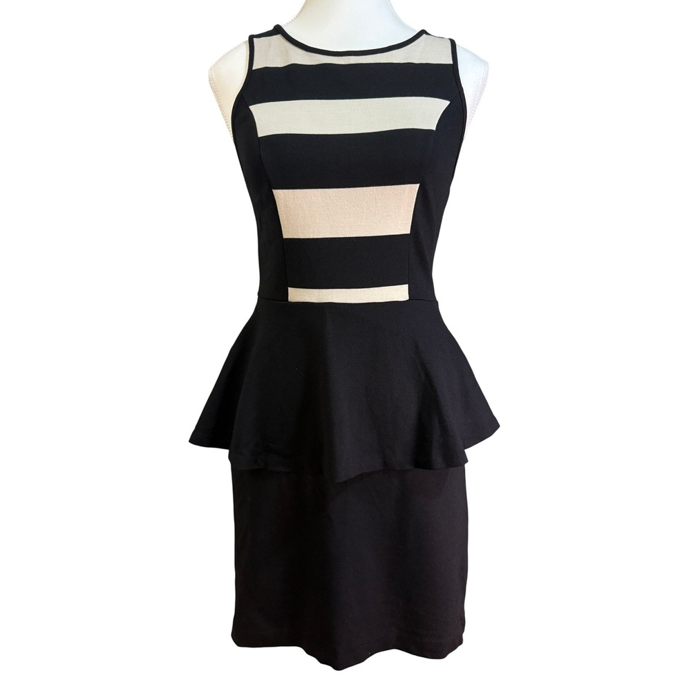 Kensie‎ Peplum Dress Women Size S Black Tan Striped Sleeveless Sheath Bodycon